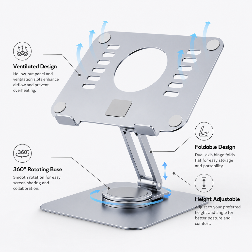 Aluminum Foldable Laptop Stand – 360° Rotating, Adjustable Height