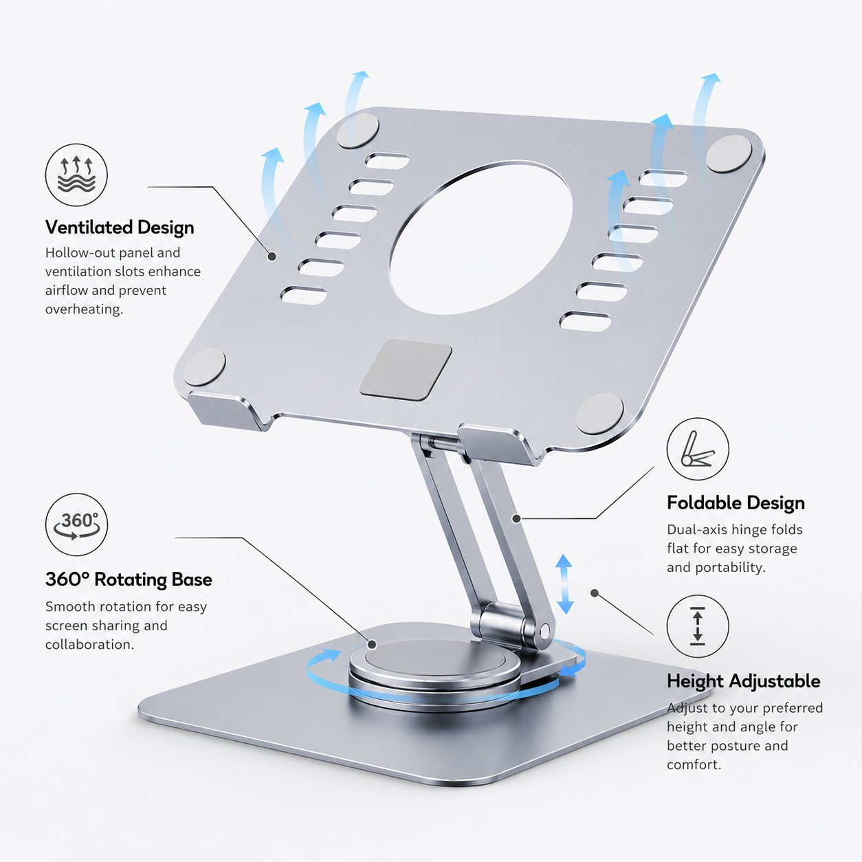 Aluminum Foldable Laptop Stand – 360° Rotating, Adjustable Height